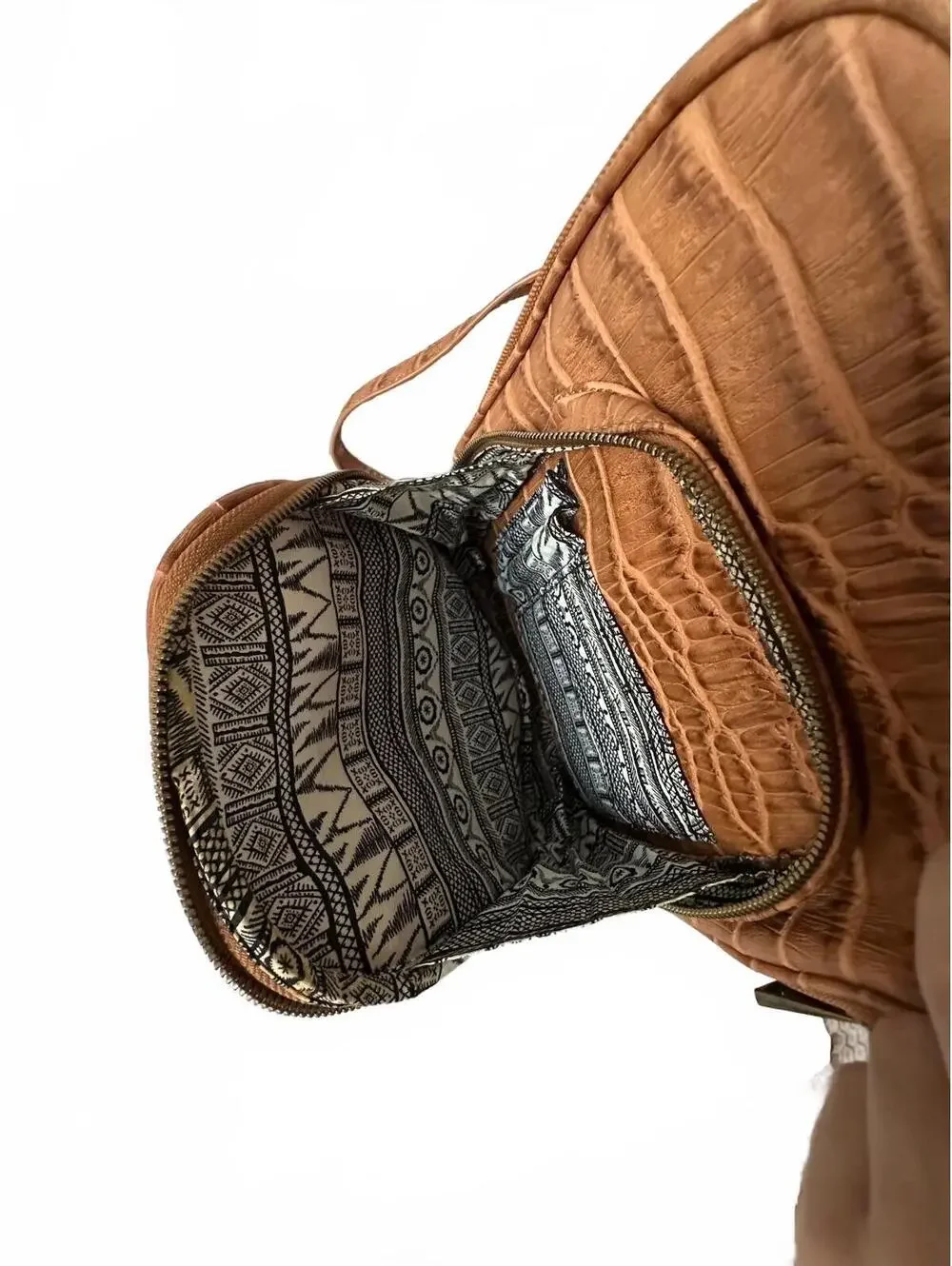 Brown Faux Crocodile Leather Backpack with Patterned Interior